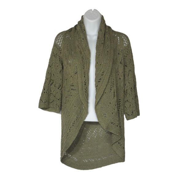 Jana Olive Green Knit Open Front 3/4 Sleeve Waterfall Front Cardigan Medium - Picture 2 of 10